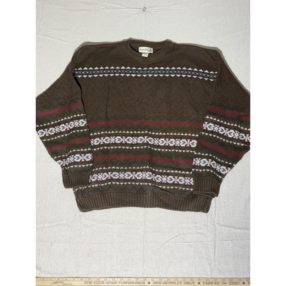 Vintage Fieldmaster Brown Fair Isle Cotton Crewneck Sweater Made in USA Large